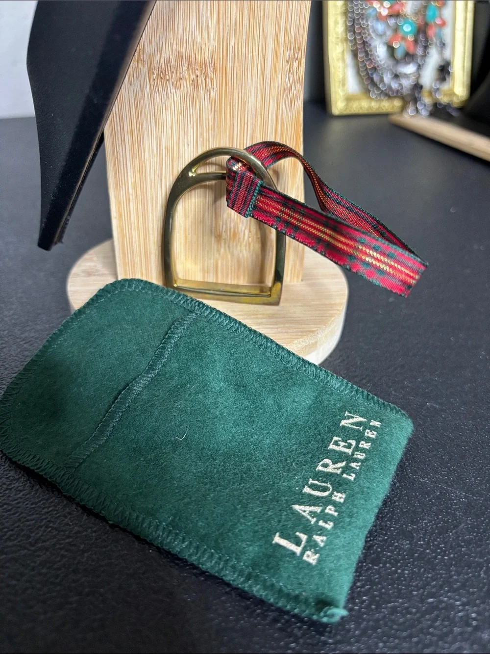 Lauren Ralph Lauren Green Suede Pouch with Red Plaid Stirrup Ornament